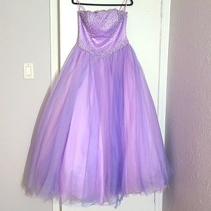 Purple ball gown with blue mesh overlay and beaded bodice size 12
